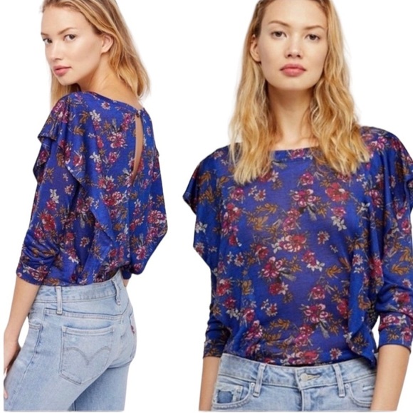 Free People Tops - Free People Medium Dock Street Cobalt Blue Floral Ruffle Long Sleeve Shirt
